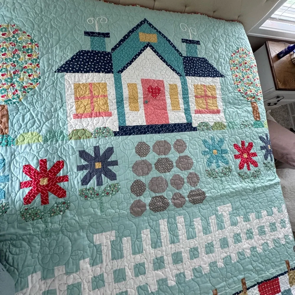 Homemade Aqua Blue Quilted Folk Art Quilt with Geometric Patterns - Picture 5 of 10